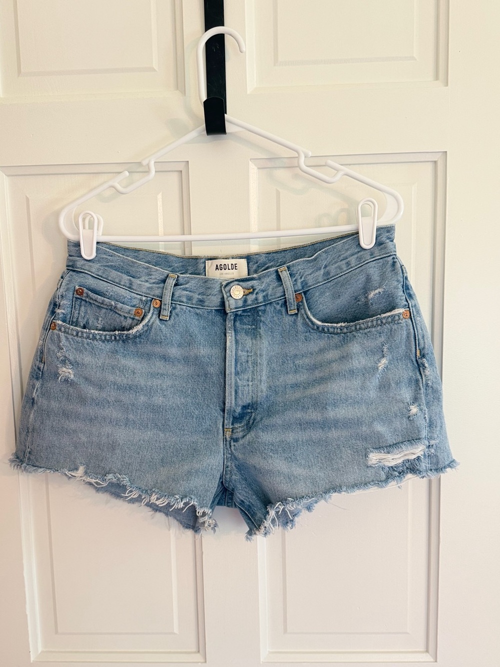 AGOLDE Parkerโ Denim Shorts Size 29 High Rise Distressed Raw Hem Button Fly